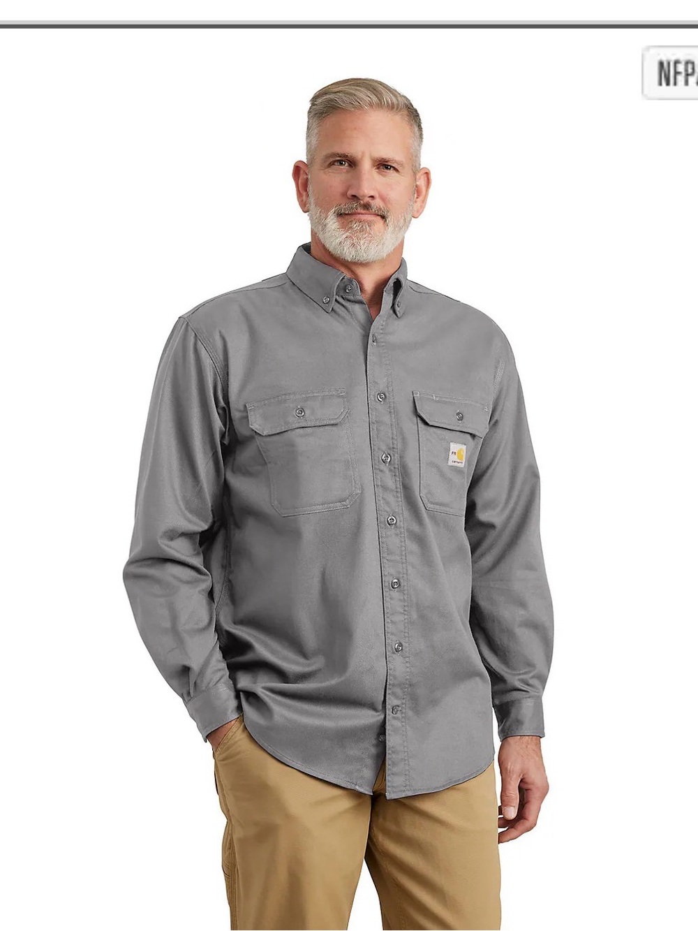 Carhartt Men’s Gray Button-Down Work Shirt FR TWILL LS